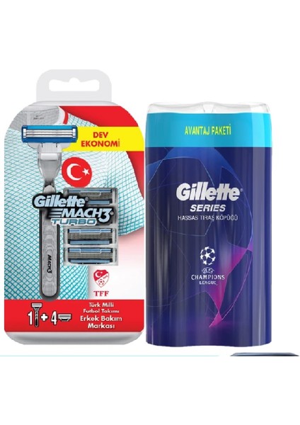 Mach 3 Turbo Tıraş Makinesi + 4 Yedek Bıçak + 2'li Tıraş Köpüğü+Çanta