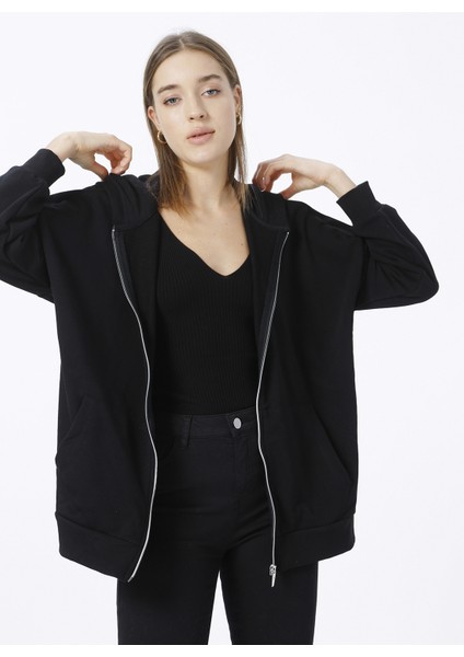 Siyah Kadın Kapüşonlu Geniş Fit Düz Sweatshirt TATAM