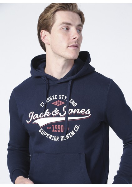 12189736 Jjelogo Sweat Hood 2 Col Kapüşonlu Regular Fit Baskılı Lacivert Erkek Sweatshirt