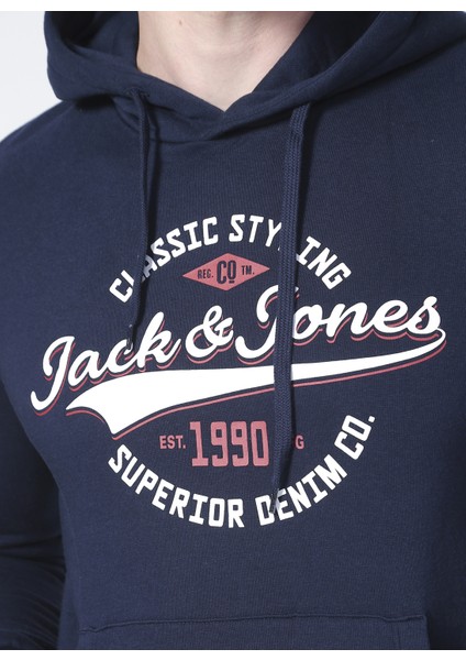 12189736 Jjelogo Sweat Hood 2 Col Kapüşonlu Regular Fit Baskılı Lacivert Erkek Sweatshirt