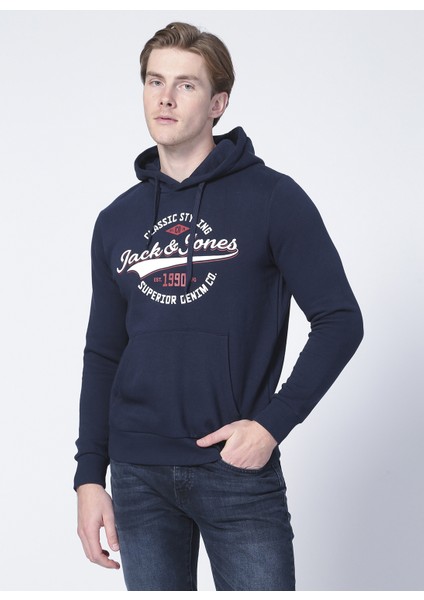12189736 Jjelogo Sweat Hood 2 Col Kapüşonlu Regular Fit Baskılı Lacivert Erkek Sweatshirt