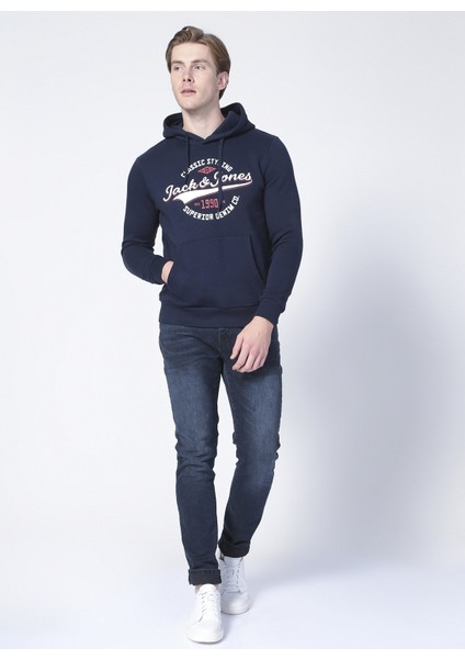 12189736 Jjelogo Sweat Hood 2 Col Kapüşonlu Regular Fit Baskılı Lacivert Erkek Sweatshirt