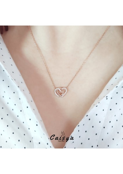 Caisya Butik Çift Kalpler Rose Gold Minimal Gümüş Kolye