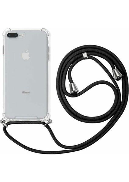 Apple Iphone 7 Plus 8 Plus Boyundan Askılı Şeffaf Darbe Emici Silikon Telefon Kılıfı Siyah Ipli Şeffaf
