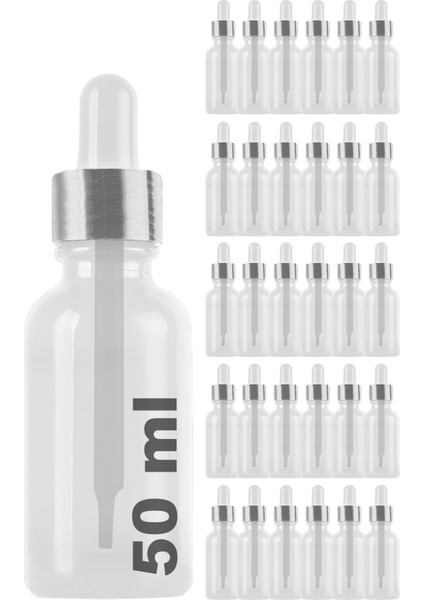 50 cc Şeffaf Damlalık Metal Gümüş Sızdırmaz Kapaklı 50 ml Dropper Cam Serum Şişesi 30 Adet