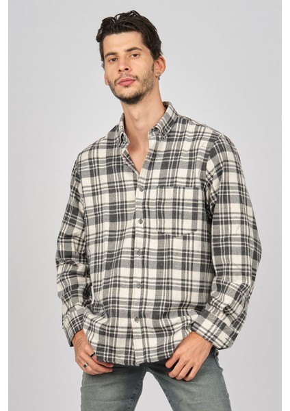 Erkek Çizgili Uzun Kollu Yün Apre Gömlek 0171102 Ekru