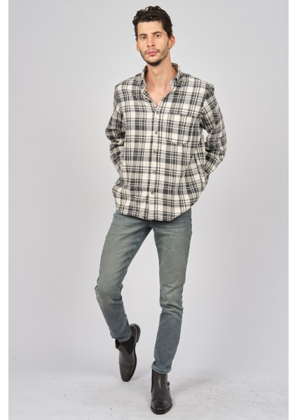 Erkek Çizgili Uzun Kollu Yün Apre Gömlek 0171102 Ekru fiyatları