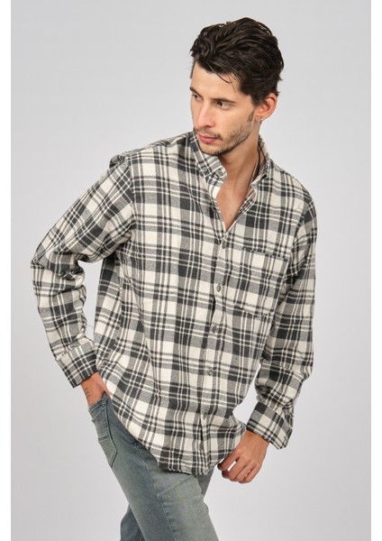 Erkek Çizgili Uzun Kollu Yün Apre Gömlek 0171102 Ekru modelleri