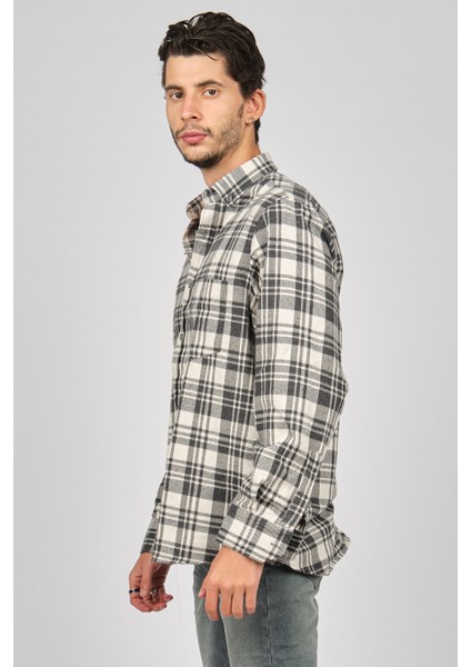 Erkek Çizgili Uzun Kollu Yün Apre Gömlek 0171102 Ekru fırsatları