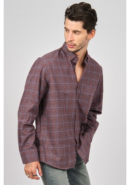 Erkek Çizgili Uzun Kollu Yün Apre Gömlek 017105 Bordo