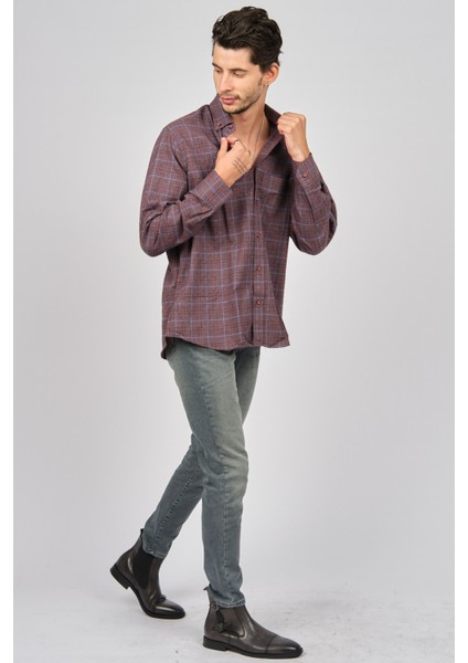 Erkek Çizgili Uzun Kollu Yün Apre Gömlek 017105 Bordo fiyatları