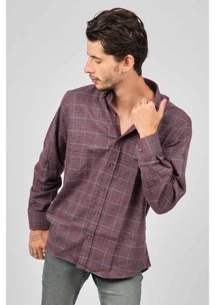 Erkek Çizgili Uzun Kollu Yün Apre Gömlek 017105 Bordo modelleri