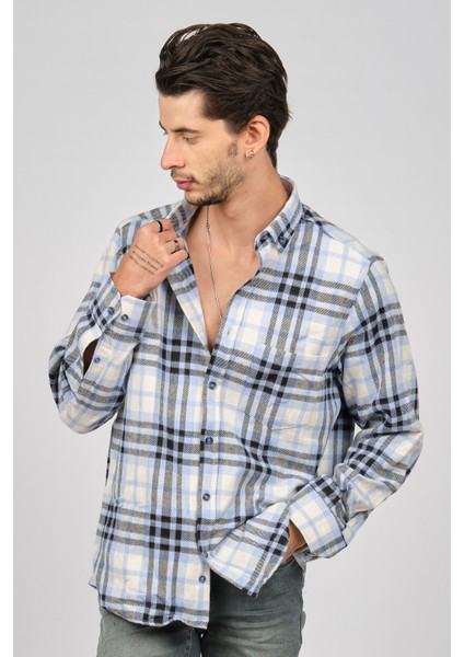 Erkek Çizgili Uzun Kollu Yün Apre Gömlek 0171113 Mavi