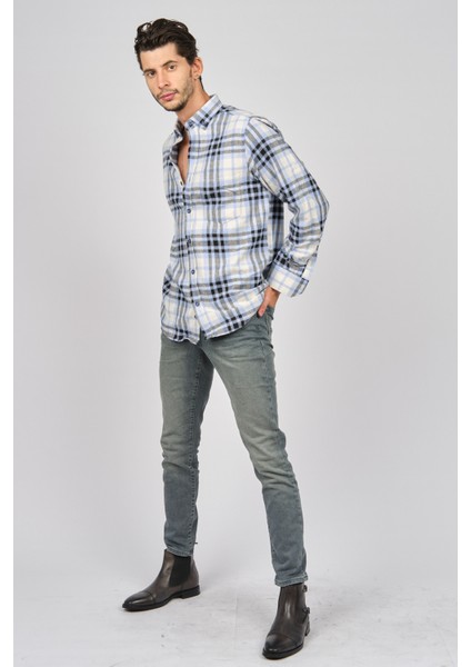 Erkek Çizgili Uzun Kollu Yün Apre Gömlek 0171113 Mavi fiyatları