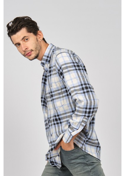 Erkek Çizgili Uzun Kollu Yün Apre Gömlek 0171113 Mavi modelleri