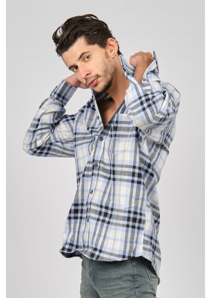 Erkek Çizgili Uzun Kollu Yün Apre Gömlek 0171113 Mavi fırsatları