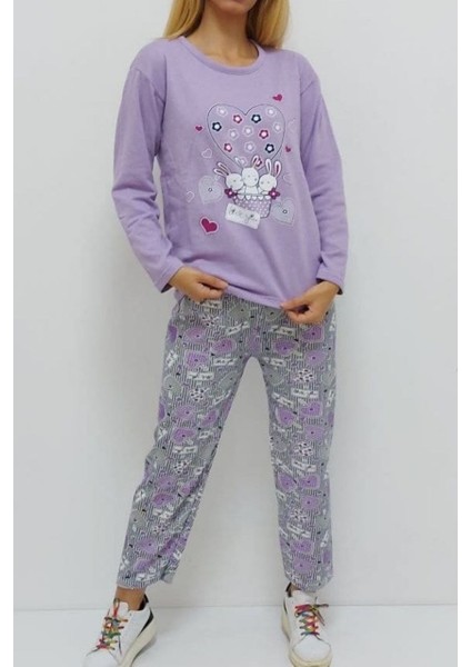 Baskılı Içi Tüylü Pijama Takımı Lila