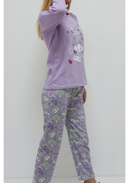 Baskılı Içi Tüylü Pijama Takımı Lila