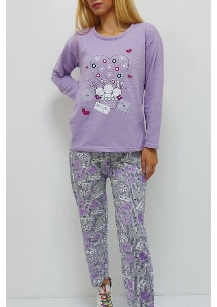 Baskılı Içi Tüylü Pijama Takımı Lila
