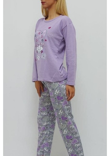 Baskılı Içi Tüylü Pijama Takımı Lila