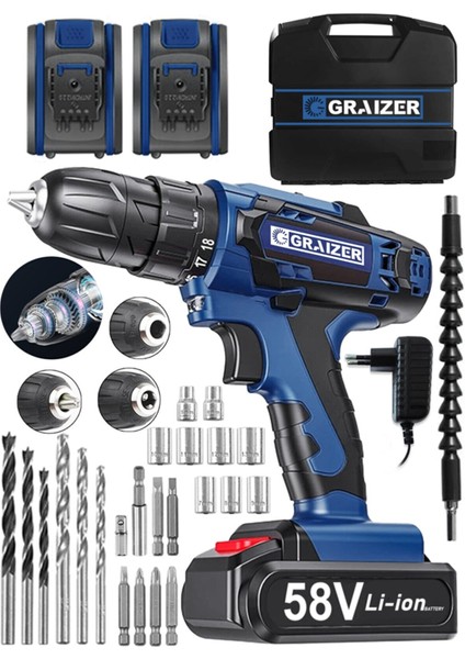V-Tec 58 V 5 Ah Çelik Motor Çelik Şanzuman Darbeli Şarjlı Çift Akülü Vidalama Matkap Lacivert