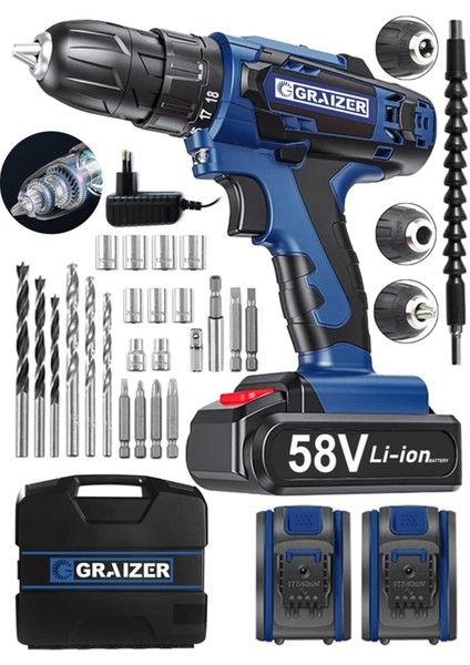 V-Tec 58 V 5 Ah Çelik Motor Çelik Şanzuman Darbeli Şarjlı Çift Akülü Vidalama Matkap Lacivert