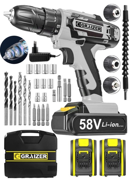 V-Tec 58 V 5 Ah Çelik Motor Çelik Şanzuman Darbeli Şarjlı Çift Akülü Vidalama Matkap Beyaz