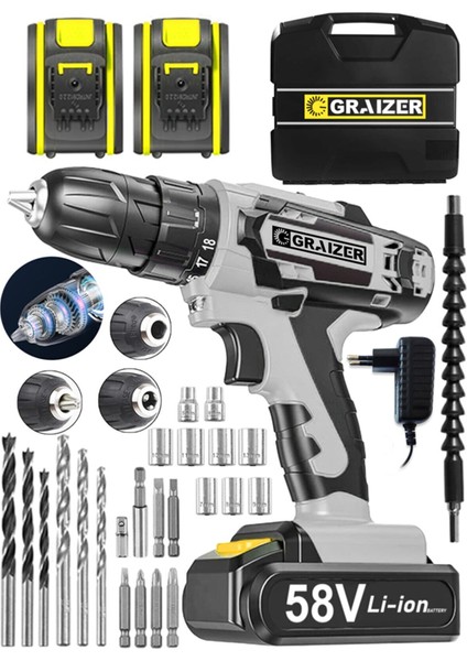 V-Tec 58 V 5 Ah Çelik Motor Çelik Şanzuman Darbeli Şarjlı Çift Akülü Vidalama Matkap Beyaz