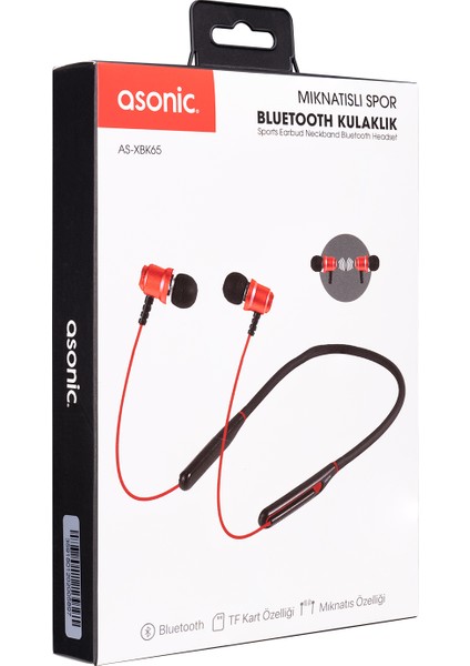 AS-XBK65 Kırmızı Boyun Askılı Mıknatıslı Bluetooth+Tf Kart Spor Kulak Içi Kulaklık