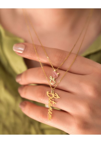 925 Ayar Gümüş Altın Kaplama Kedi ve Bitanem Yazılı Asansörlü Kolye