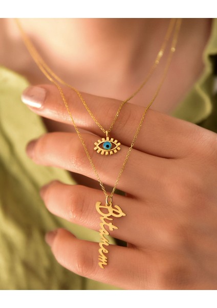 925 Ayar Gümüş Altın Kaplama Kirpik Göz ve Bitanem Yazılı Asansörlü Kolye