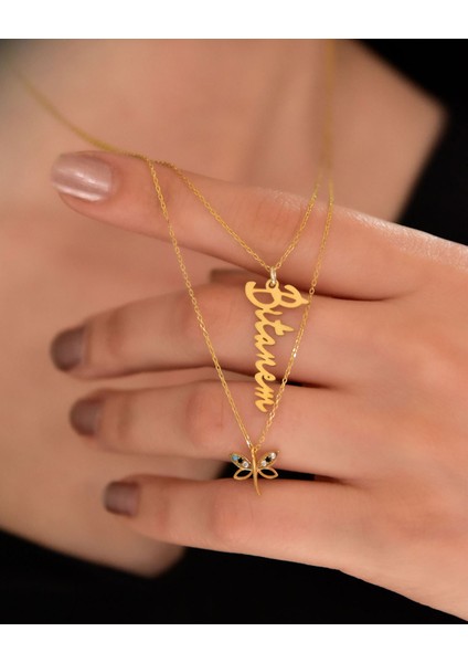 925 Ayar Gümüş Altın Kaplama Bitanem Yazılı ve Yusufçuk Asansörlü Kolye