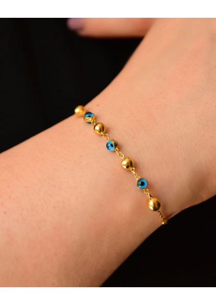 925 Ayar Gümüş Altın Kaplama Pullu Camgöz Bileklik