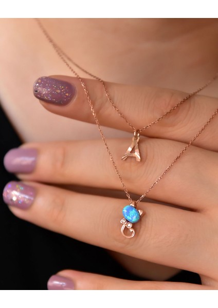 925 Ayar Gümüş Rose Kaplama Harf ve Opal Taşlı Kedi Asansör Kolye