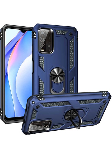 Xiaomi Redmi 9t Kılıf Çift Katmanlı Yüzüklü Manyetik Vega Kapak Lacivert + Cam Ekran Koruyucu