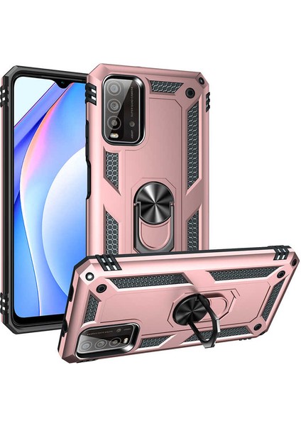 Xiaomi Redmi 9t Kılıf Çift Katmanlı Yüzüklü Manyetik Vega Kapak Rose + Tam Kaplayan 5d Cam Ekran Koruyucu