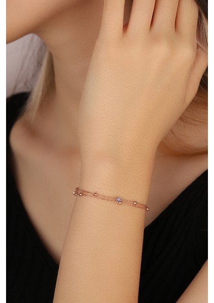 Çift Sıra Nazar Boncuklu Gümüş Zincir Bileklik