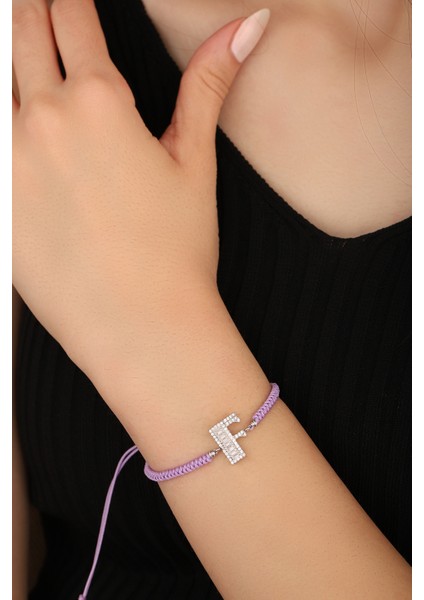 Lila Ipli Gümüş Harfli Bileklik