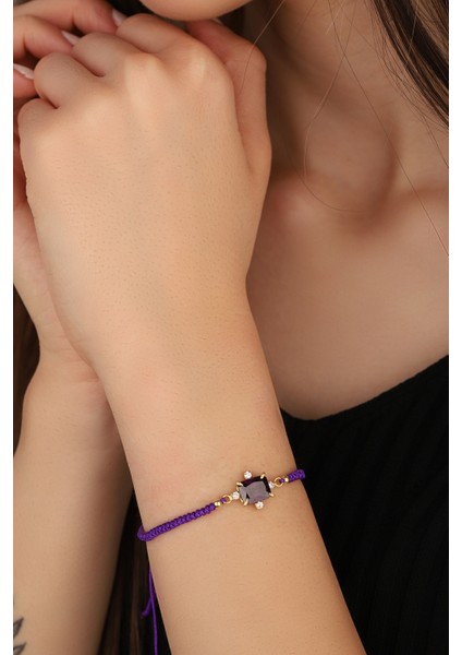 Renkli Taşlı Mor Renkli Ipli Gümüş Bileklik