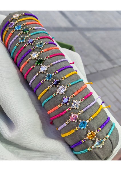 Renkli Taşlı Mor Renkli Ipli Gümüş Bileklik modelleri