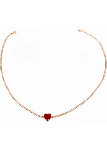 Renkli Taşlı Kalpli Su Yolu Zincirli Gümüş Choker
