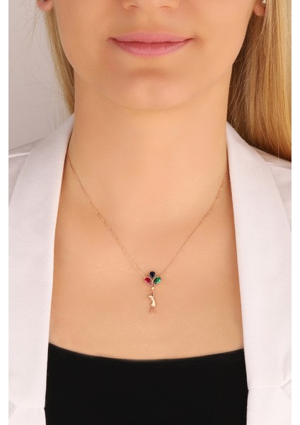 Renkli Taşlı Balonlu Kız Gümüş Kolyesi