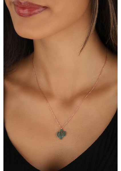 Yeşil Zirkon Taşlı Kaktüs Gümüş Kolye