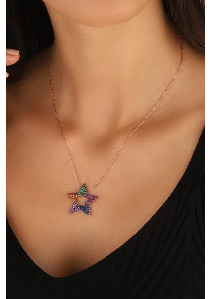 Renkli Mix Taşlı Gümüş Yıldız Kolye