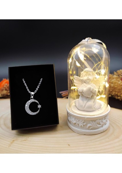 Masum Melek Işıklı Fanus & Gümüş Renk Ay Yıldız Kolye Hediye Seti