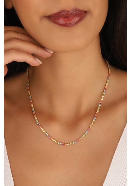 Renkli Taşlı Gümüş Suyolu Choker 2 mm