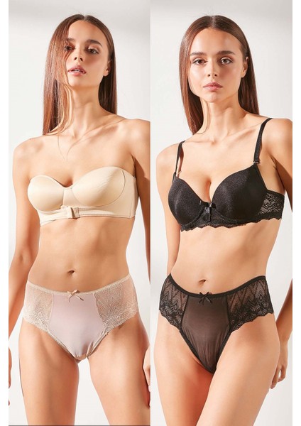 2'li Paket Dantelli Yüksel Bel String 560 Siyah/ten