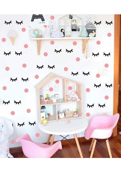 Pembe Polka Siyah Kirpik Çocuk Odası Duvar Sticker fırsatları