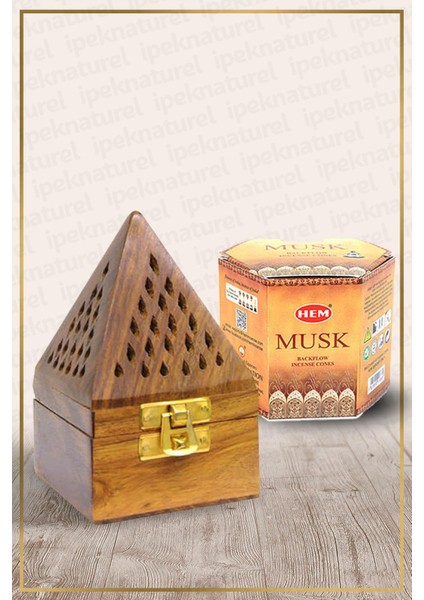 Ipek Naturel Ahşap Piramid Konik Tütsü Yakma Kutusu ve Misk (Musk) Back Flow Cones
