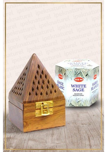 Ipek Naturel Ahşap Piramid Konik Tütsü Yakma Kutusu ve Beyaz Adaçayı (White Sage) Back Flow Cones